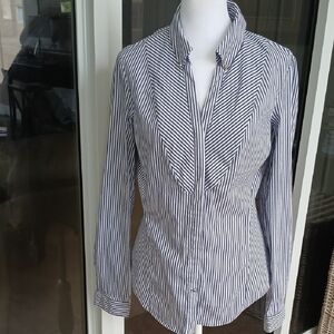 Zara Basics Women's Navy Blue and White Long Sleeve Shirt